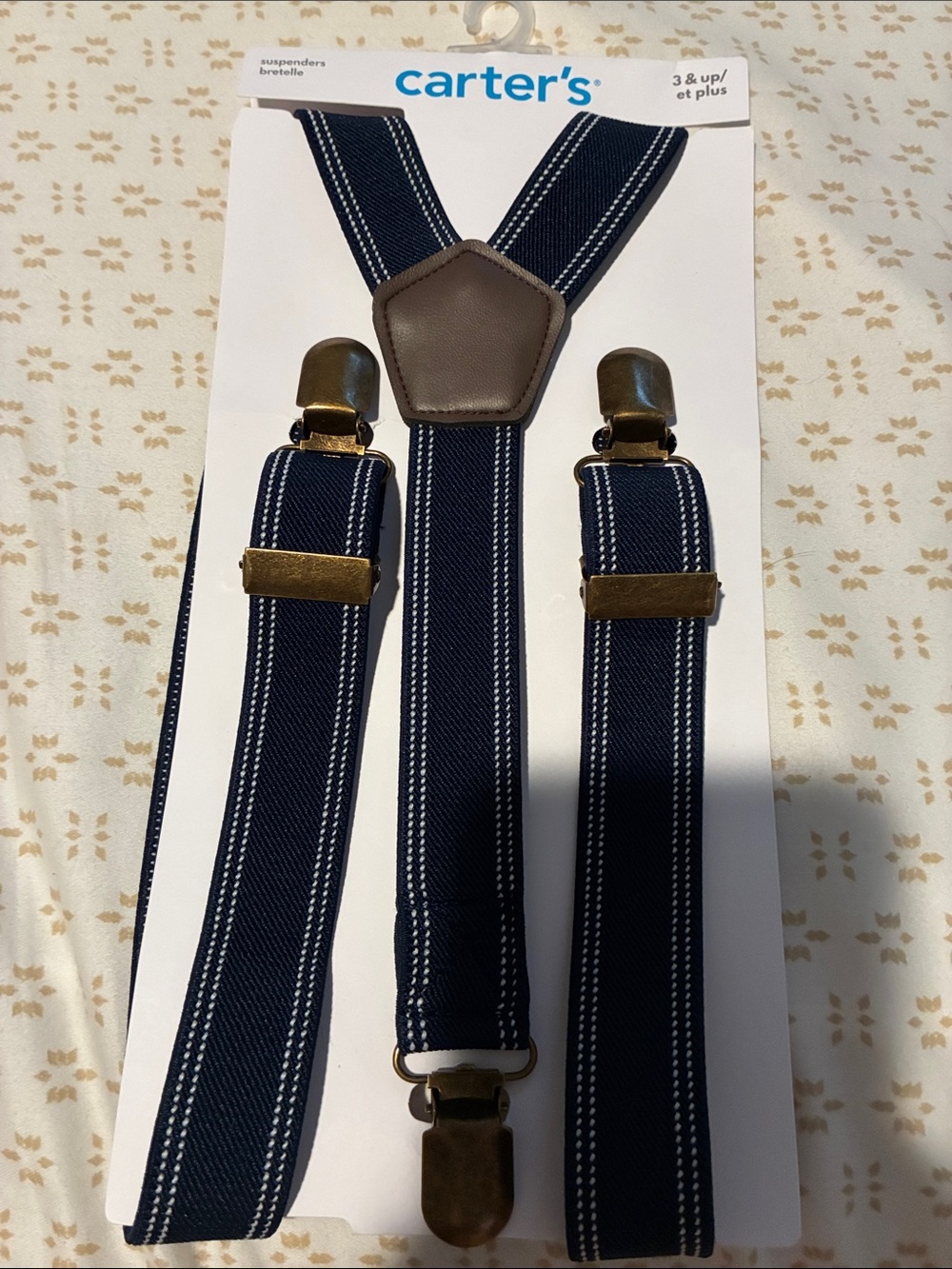 Carter's Navy and White Striped Kids Suspenders with Brown Accent